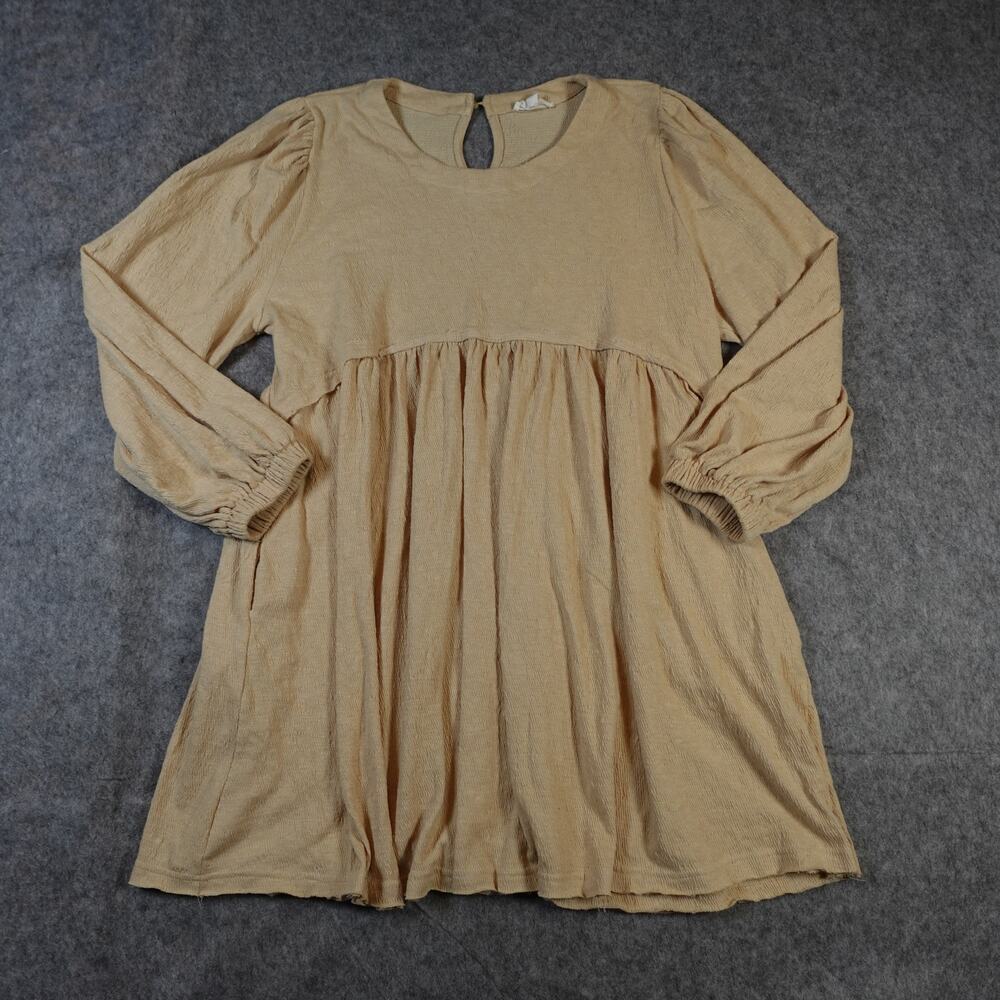 Heyson Dress Womens Large Mini Long Sleeve Babydoll Tan Crew Neck